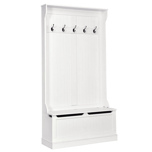3-in-1 Entryway Hall Tree Coat Rack Shoe Bench with Hooks and Bottom Storage, White