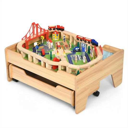 Children's Wooden Railway Set Table with 100 Pieces Storage Drawers, Natural - Gallery Canada
