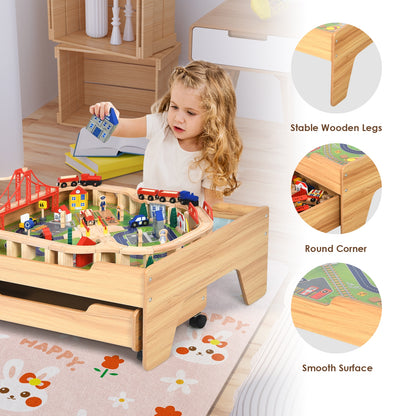 Children's Wooden Railway Set Table with 100 Pieces Storage Drawers, Natural Learning Toys at Gallery Canada