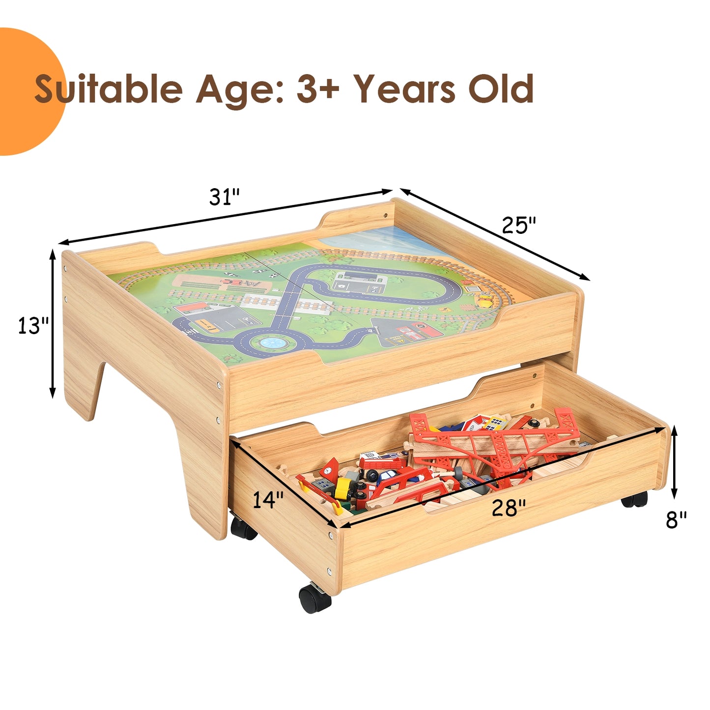 Children's Wooden Railway Set Table with 100 Pieces Storage Drawers, Natural Learning Toys at Gallery Canada