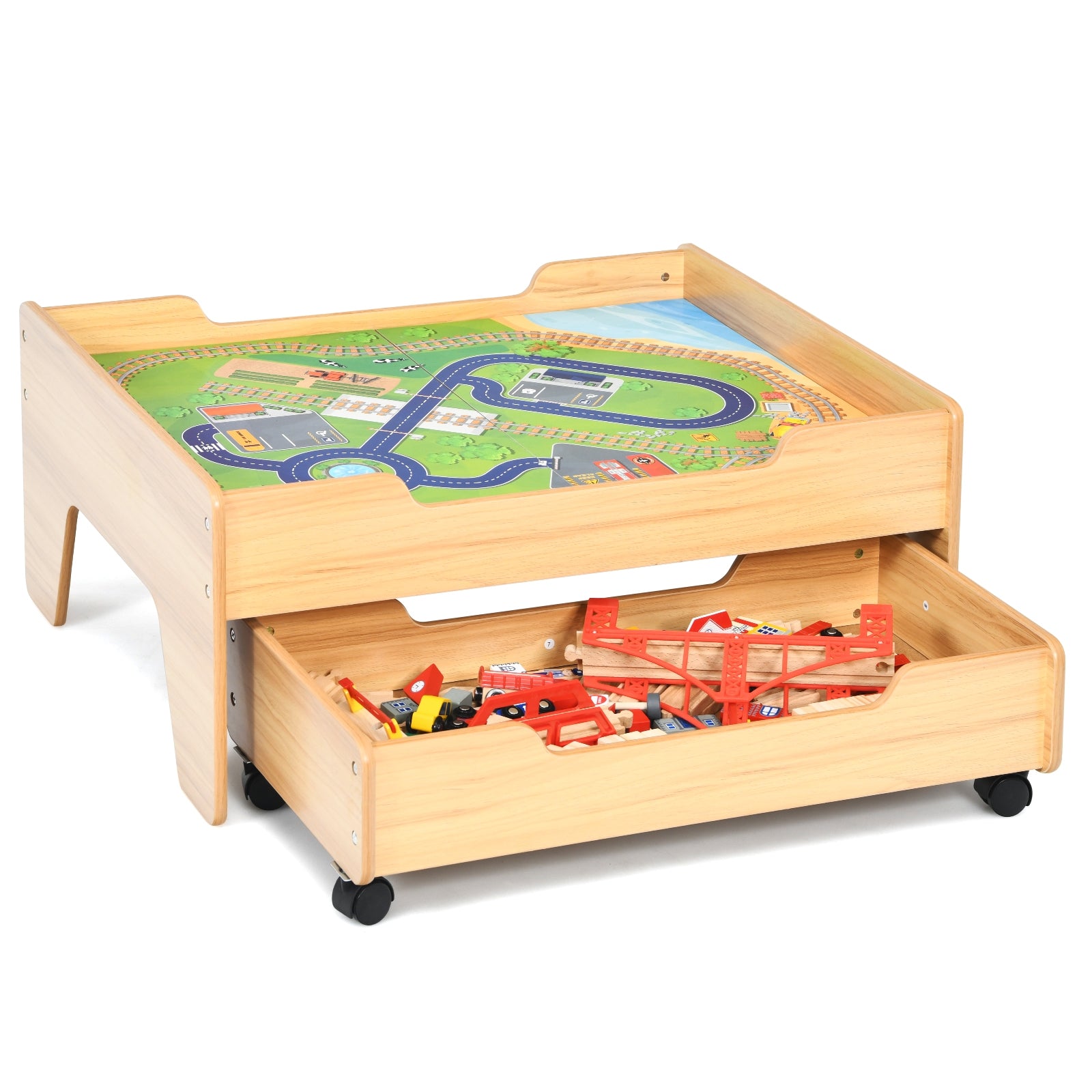 Children's Wooden Railway Set Table with 100 Pieces Storage Drawers, Natural Learning Toys at Gallery Canada