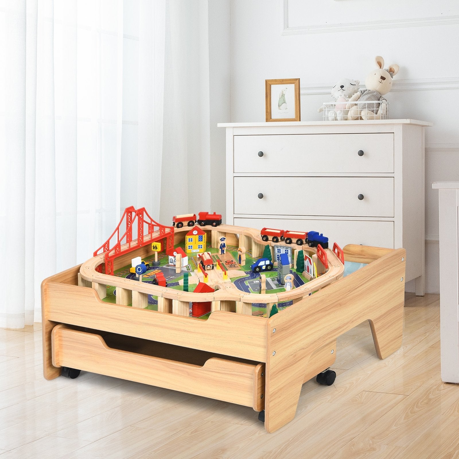 Children's Wooden Railway Set Table with 100 Pieces Storage Drawers, Natural at Gallery Canada