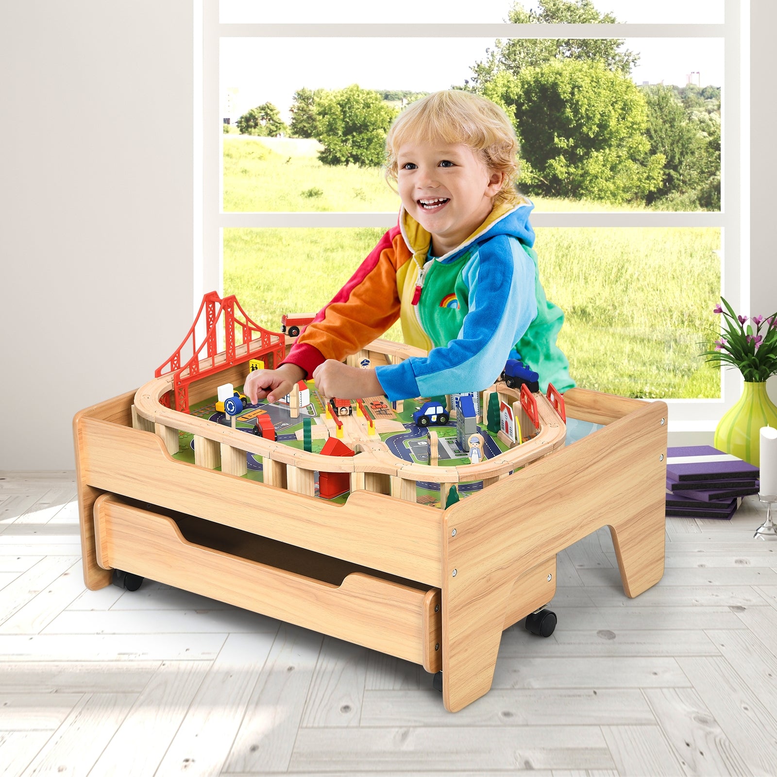 Children's Wooden Railway Set Table with 100 Pieces Storage Drawers, Natural Learning Toys at Gallery Canada