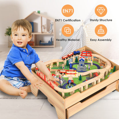 Children's Wooden Railway Set Table with 100 Pieces Storage Drawers, Natural Learning Toys at Gallery Canada