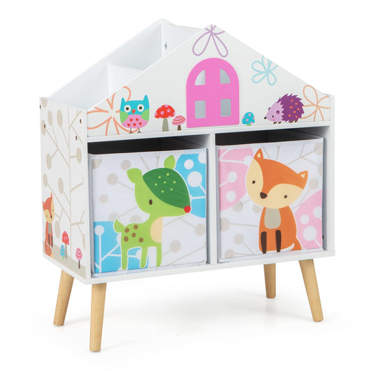 Kids House-shaped Bookshelf with 2 Storage Bins for Kids Room Playroom, White