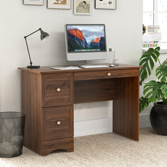 Wooden Vintage Computer Desk with 3 Drawers for Home and Office, Walnut - Gallery Canada