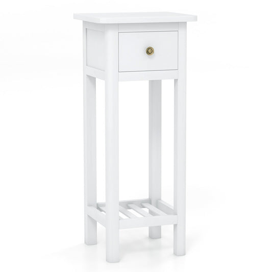 2 Tier Slim Nightstand Bedside Table with Drawer Shelf, White Nightstands White at Gallery Canada