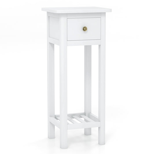 2 Tier Slim Nightstand, With Drawer Shelf, White