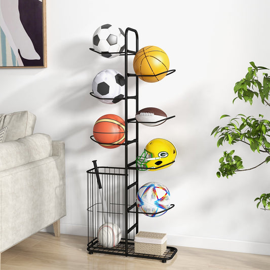 Metal Basketball Holder with 7 Removable Hanging Rods and Side Ball Basket, Black - Gallery Canada