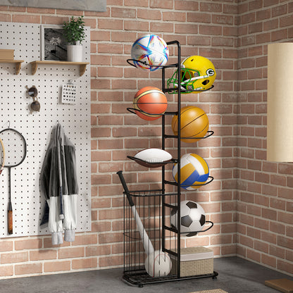 Metal Basketball Holder with 7 Removable Hanging Rods and Side Ball Basket, Black Sport Equipments at Gallery Canada