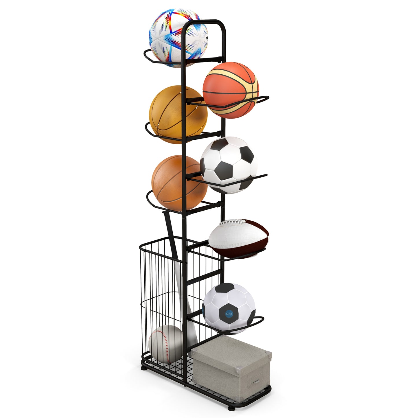Metal Basketball Holder with 7 Removable Hanging Rods and Side Ball Basket, Black Sport Equipments at Gallery Canada