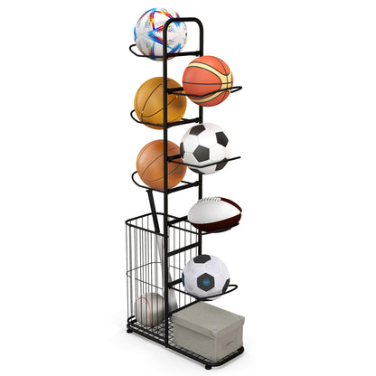 Metal Basketball Holder with 7 Removable Hanging Rods and Side Ball Basket, Black Sport Equipments at Gallery Canada