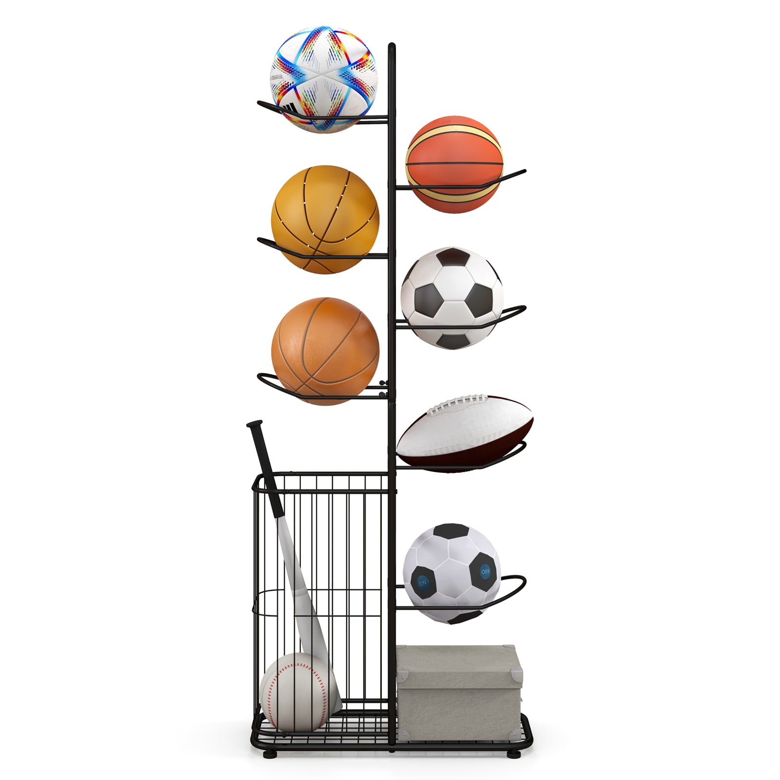 Metal Basketball Holder with 7 Removable Hanging Rods and Side Ball Basket, Black Sport Equipments at Gallery Canada