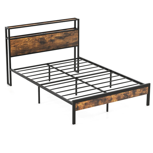 Twin/Full/Queen Bed Frame with Storage Headboard and Charging Station-Full Size, Rustic Brown - Gallery Canada