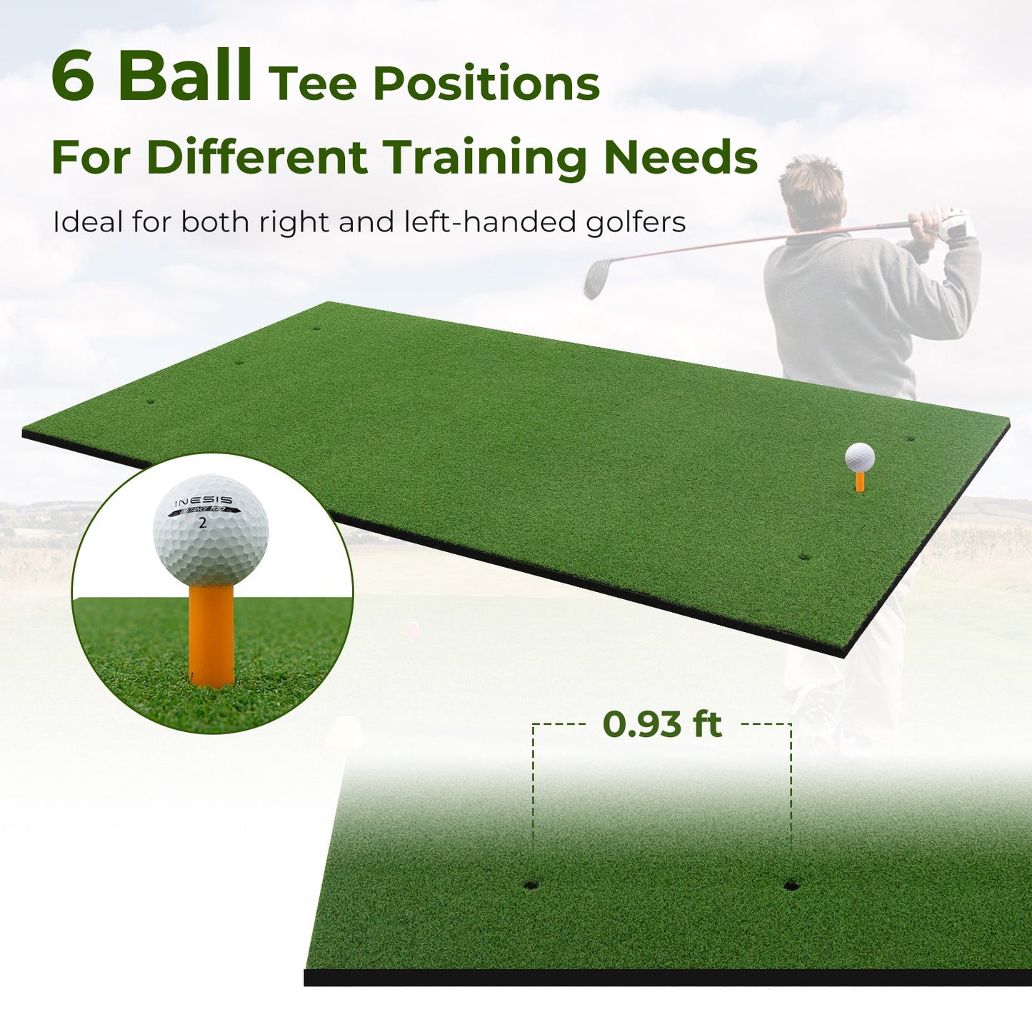 Artificial Turf Mat for Indoor and Outdoor Golf Practice Includes 2 Rubber Tees and 2 Alignment Sticks-25mm, Green