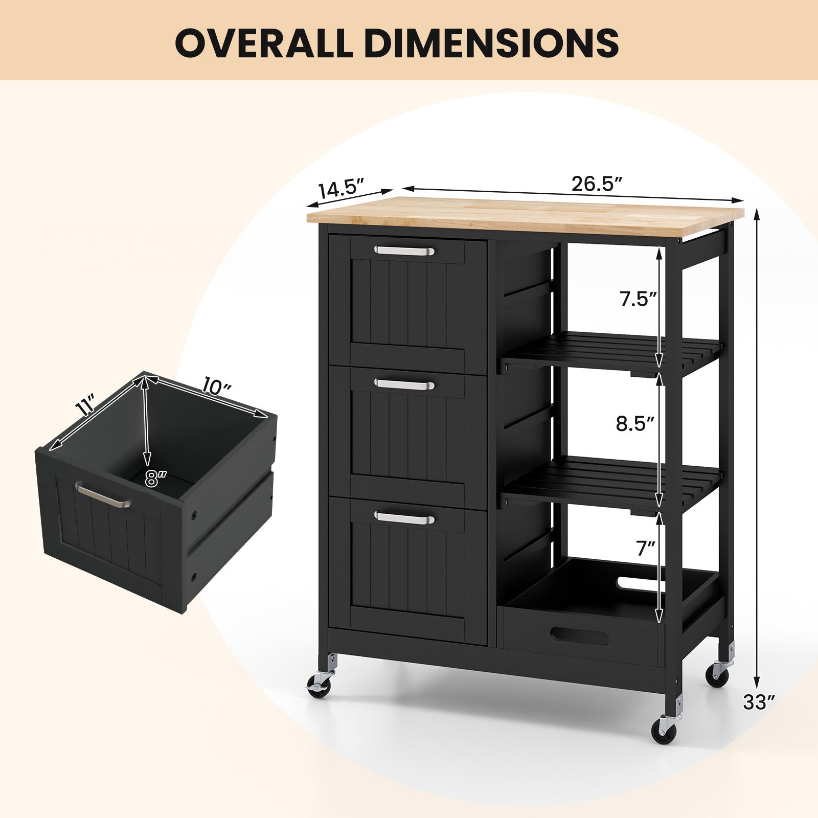 Rolling Kitchen Island Utility Storage Cart with 3 Large Drawers, Black at Gallery Canada