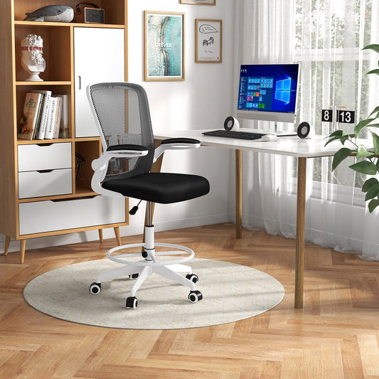 Height Adjustable Drafting Chair with Flip Up Arms for Home Office, White - Gallery Canada