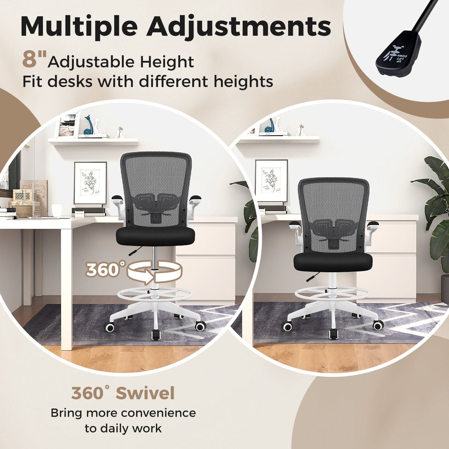 Height Adjustable Drafting Chair with Flip Up Arms for Home Office, White