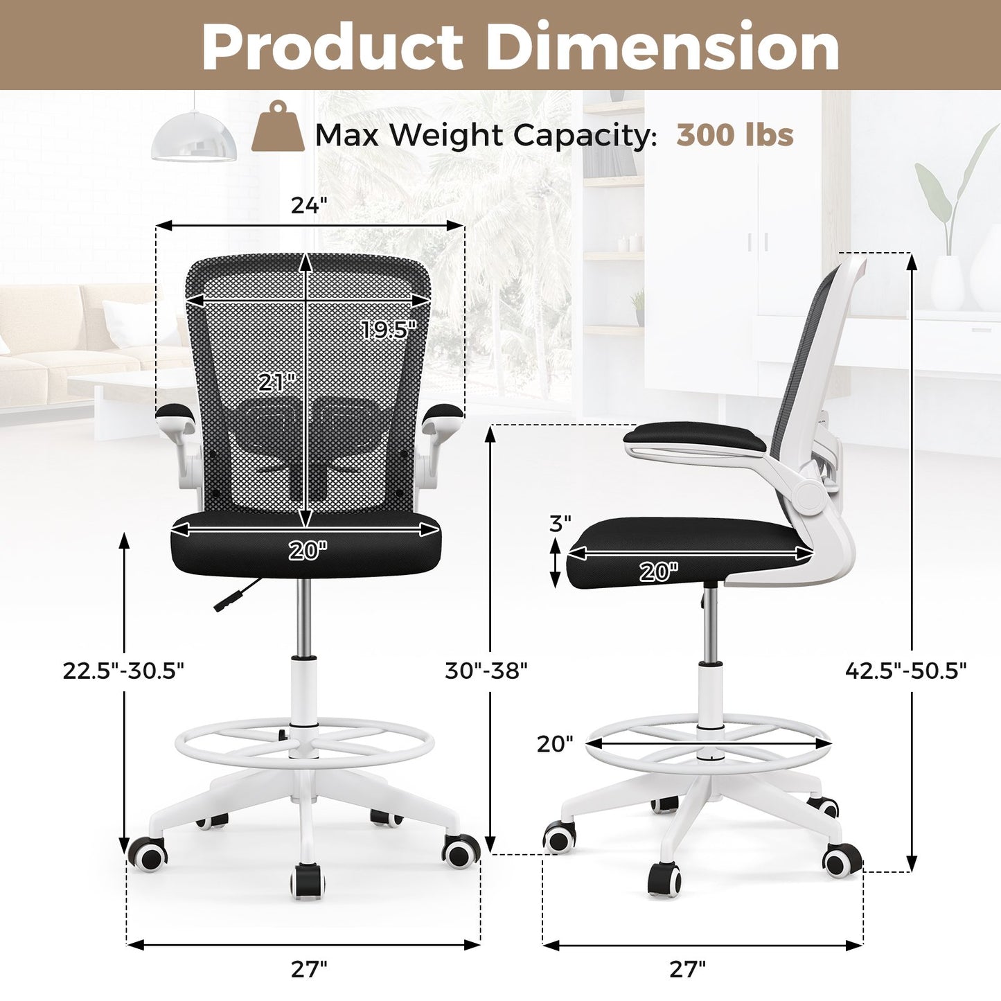 Height Adjustable Drafting Chair with Flip Up Arms for Home Office, White