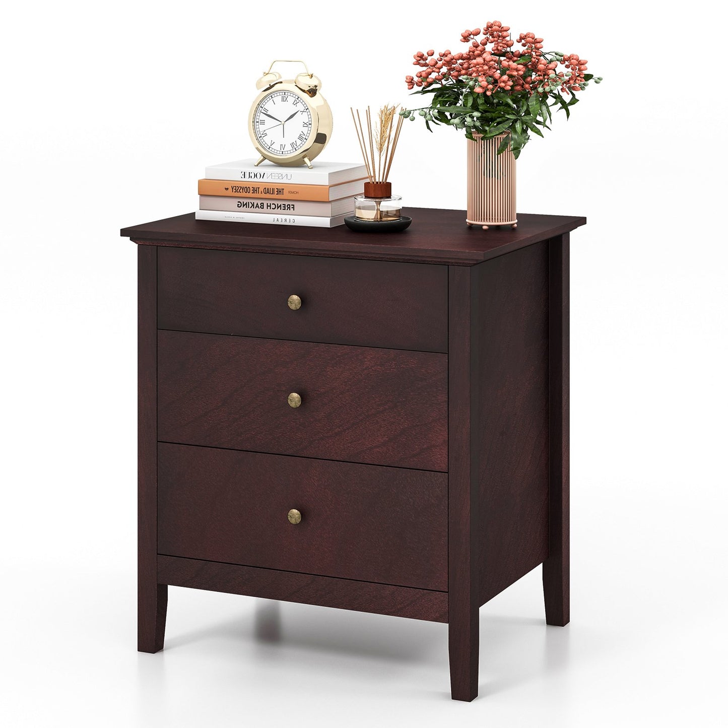 Nightstand Beside End Side Table Organizer with 3 Drawers, Brown - Gallery Canada