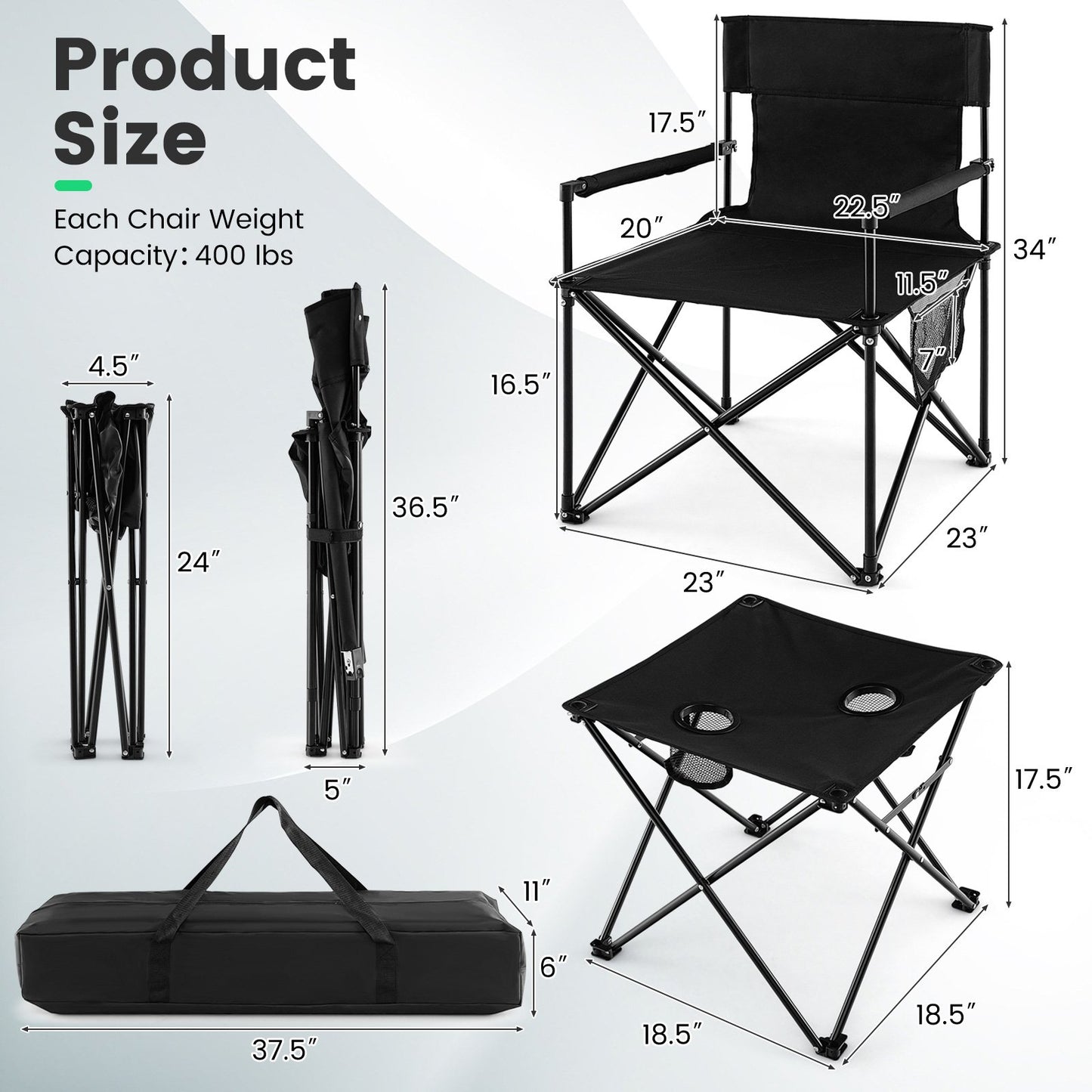 Outdoor Folding Camping Chairs and Table Set with Carrying Bag, Black