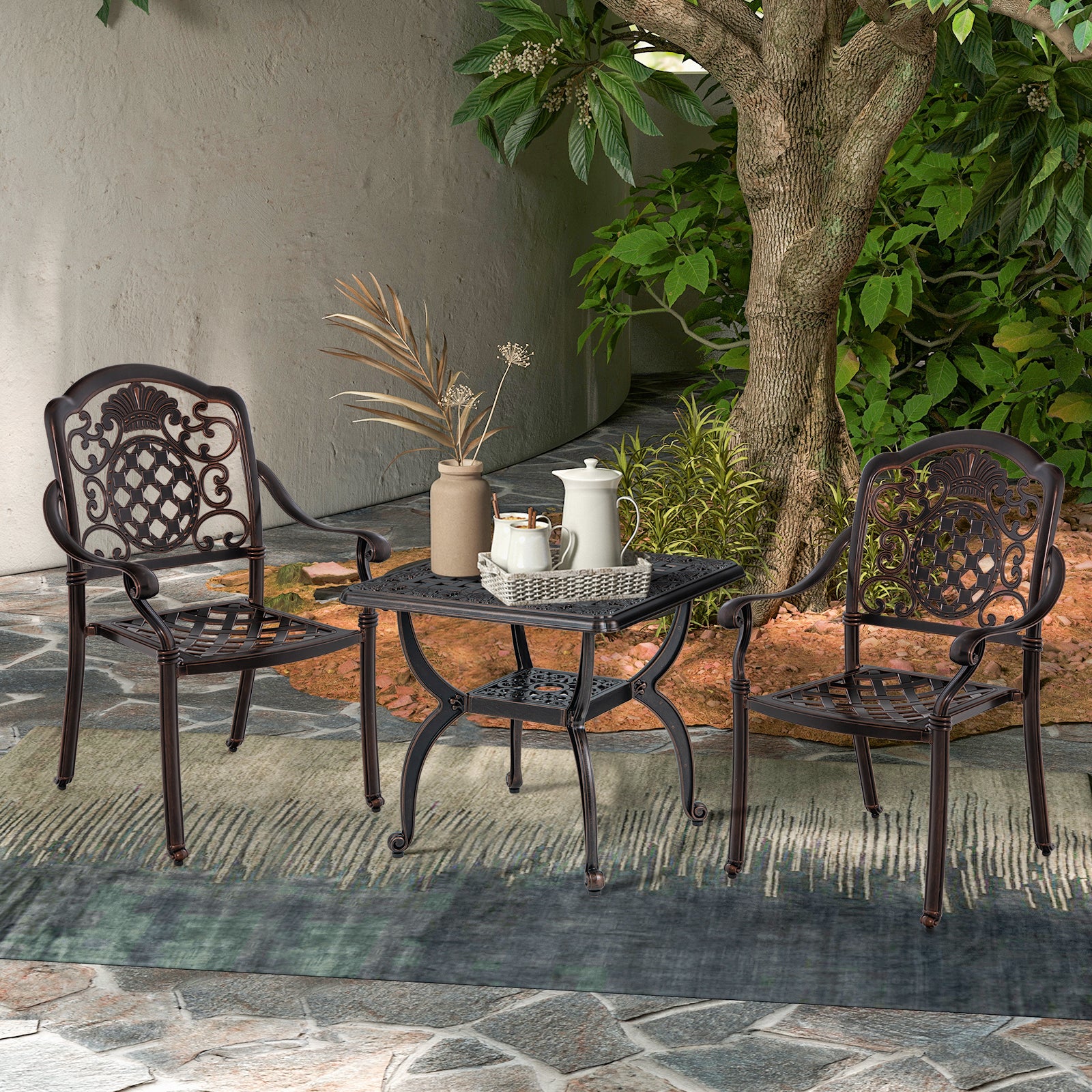 Cast Aluminum Side Table With Storage Shelf, 18 Inch, Brown Patio Coffee Tables at Gallery Canada