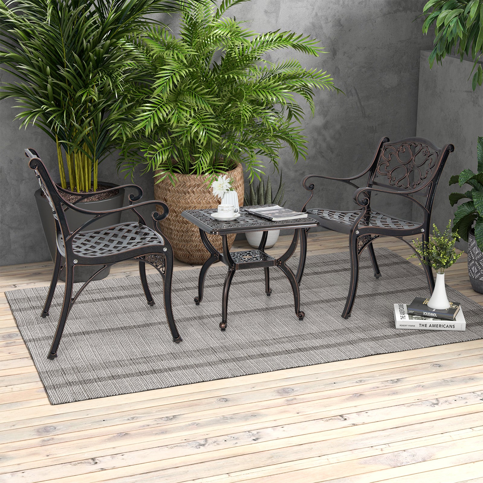 Cast Aluminum Outdoor Side Table with Storage Shelf for Garden Porch Balcony, Rustic Brown Patio Coffee Tables at Gallery Canada