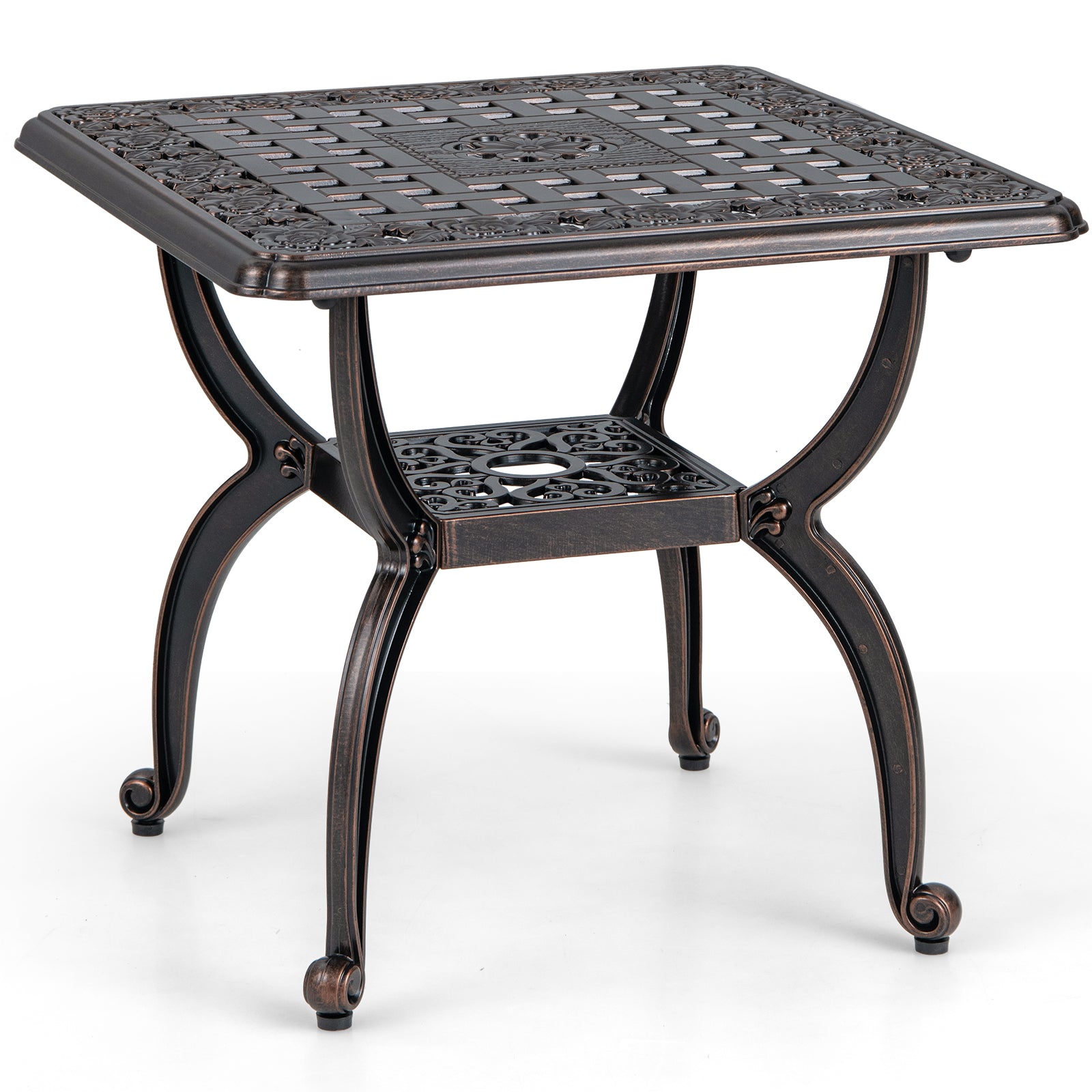 Cast Aluminum Outdoor Side Table with Storage Shelf for Garden Porch Balcony, Rustic Brown Patio Coffee Tables at Gallery Canada