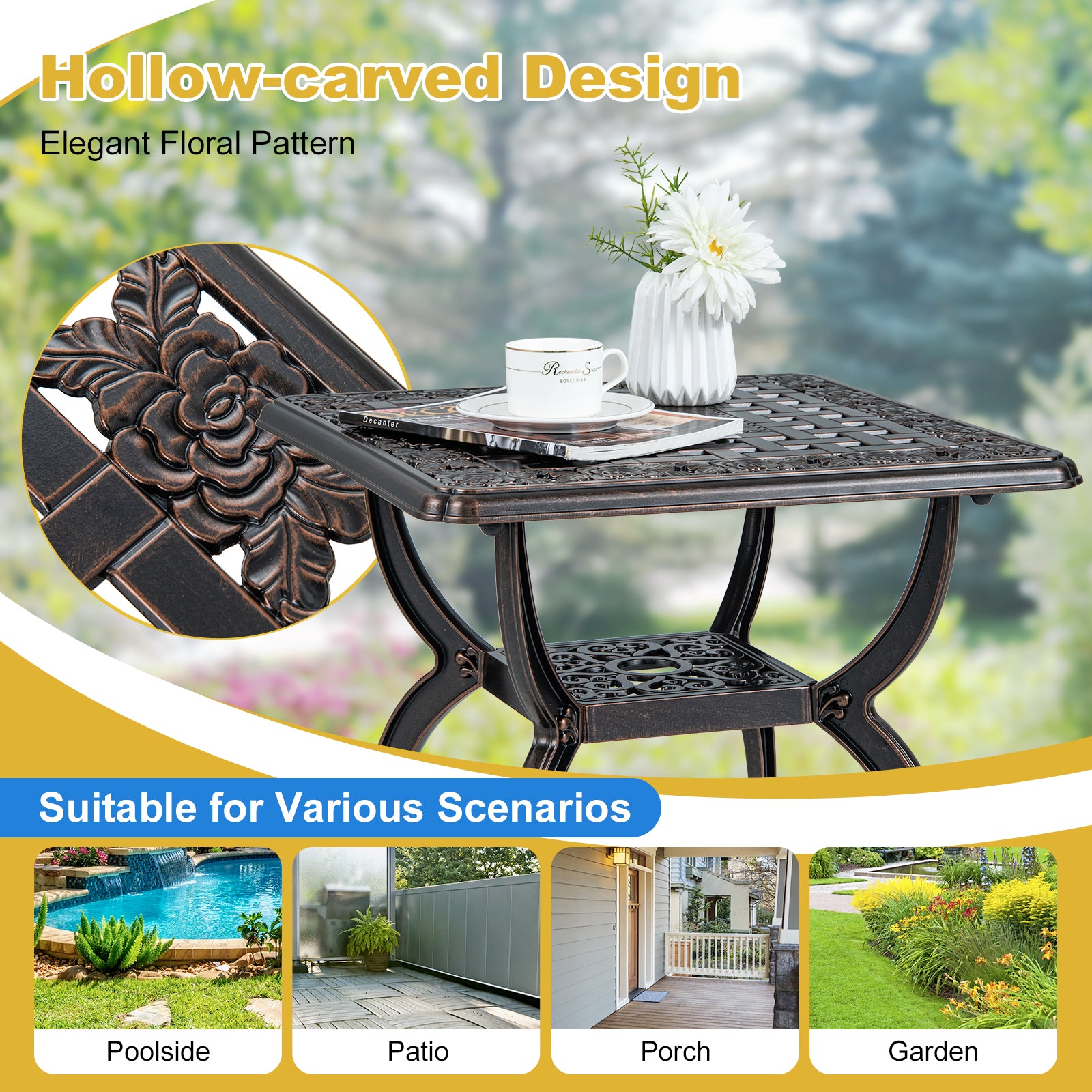 Cast Aluminum Outdoor Side Table with Storage Shelf for Garden Porch Balcony, Rustic Brown Patio Coffee Tables at Gallery Canada