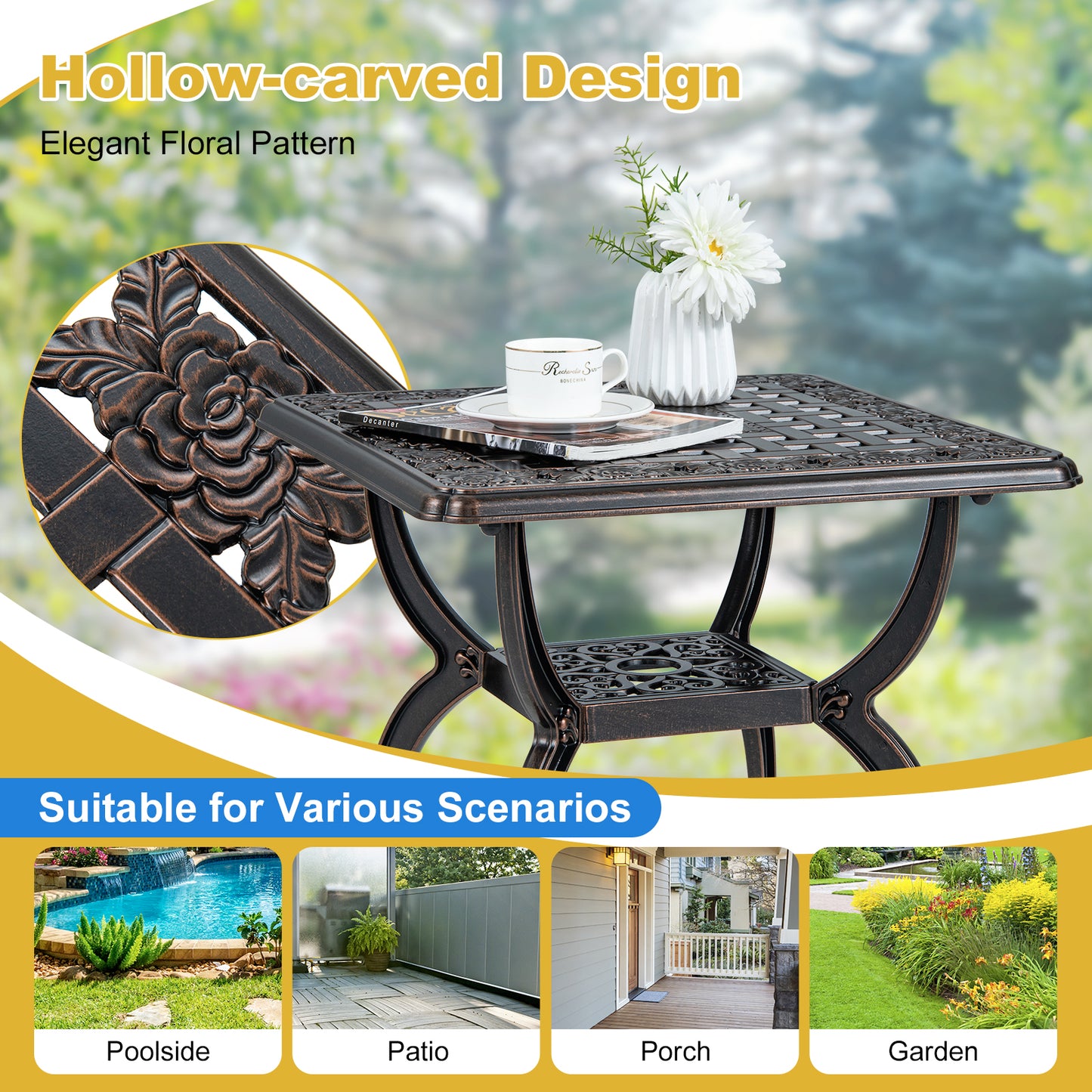 Cast Aluminum Outdoor Side Table with Storage Shelf for Garden Porch Balcony, Rustic Brown Patio Coffee Tables at Gallery Canada