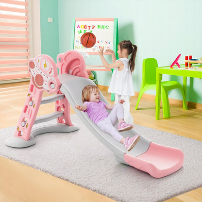 3-in-1 Folding Slide Playset with Basketball Hoop and Small Basketball, Pink