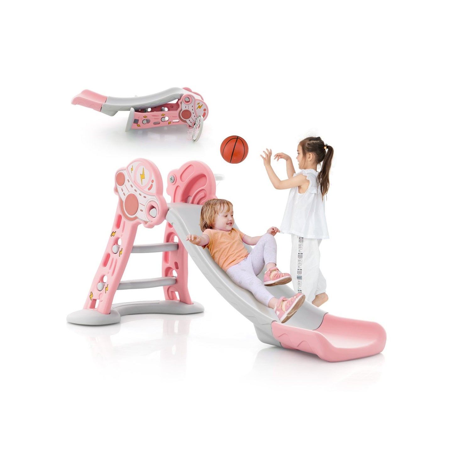 3-in-1 Folding Slide Playset with Basketball Hoop and Small Basketball, Pink