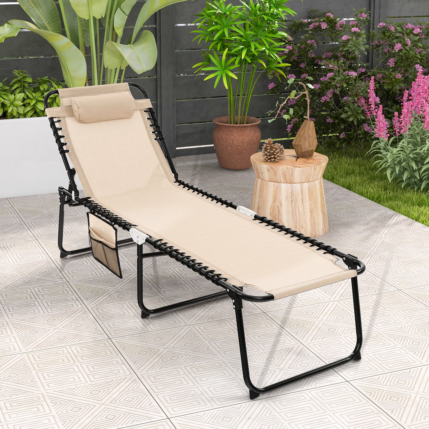 Foldable Recline Lounge Chair with Adjustable Backrest and Footrest, Beige Outdoor Chaise Lounges at Gallery Canada