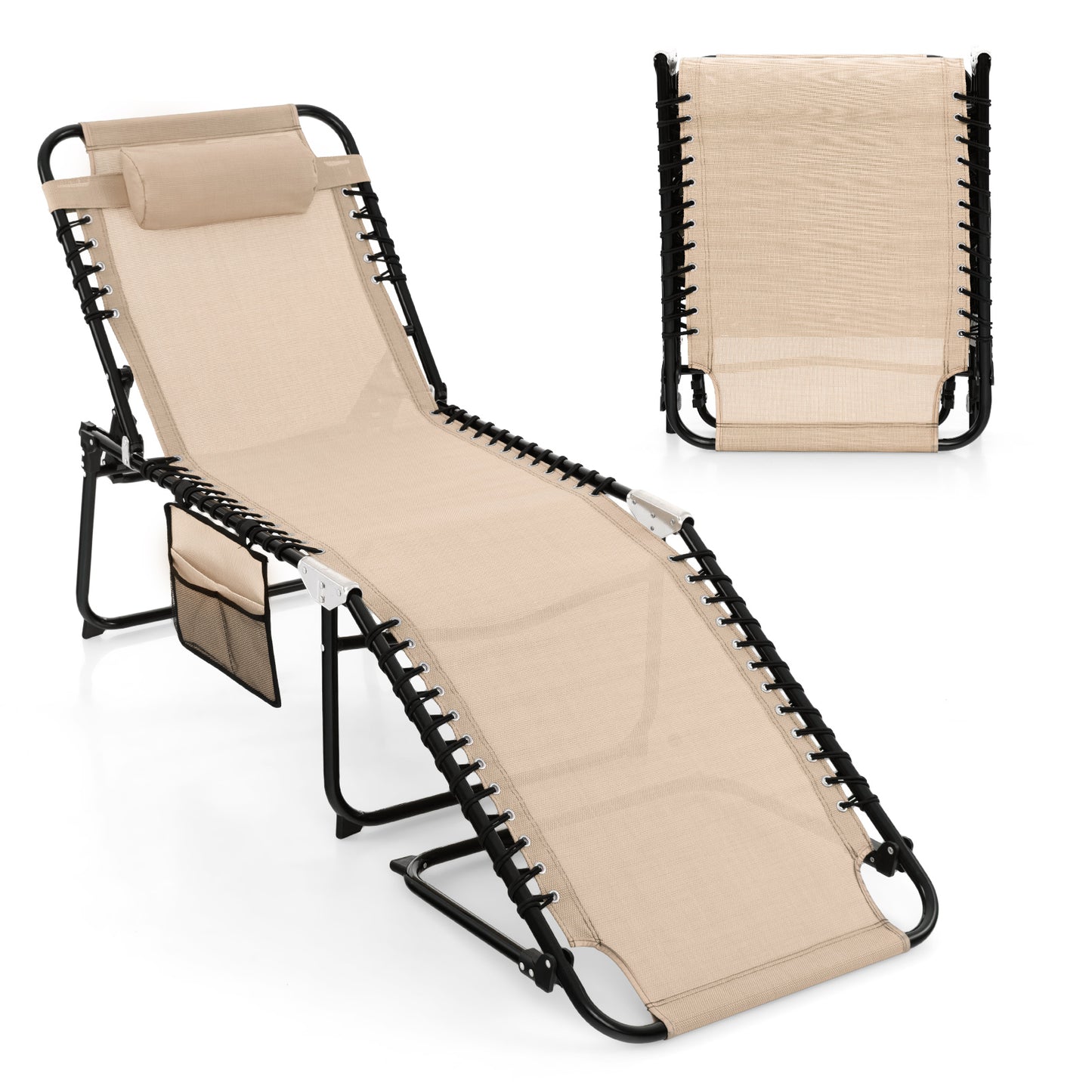 Foldable Recline Lounge Chair with Adjustable Backrest and Footrest, Beige Outdoor Chaise Lounges at Gallery Canada