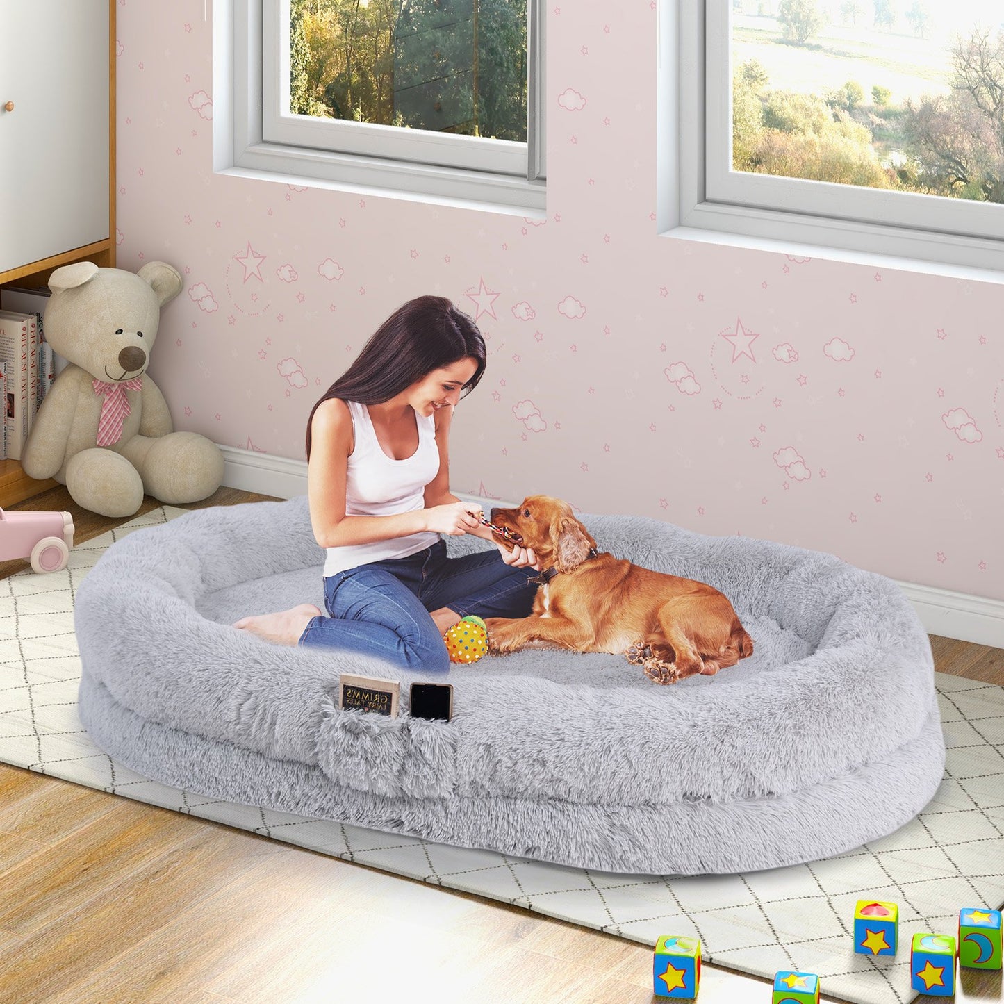 Washable Fluffy Human Dog Bed with Soft Blanket and Plump Pillow, Gray