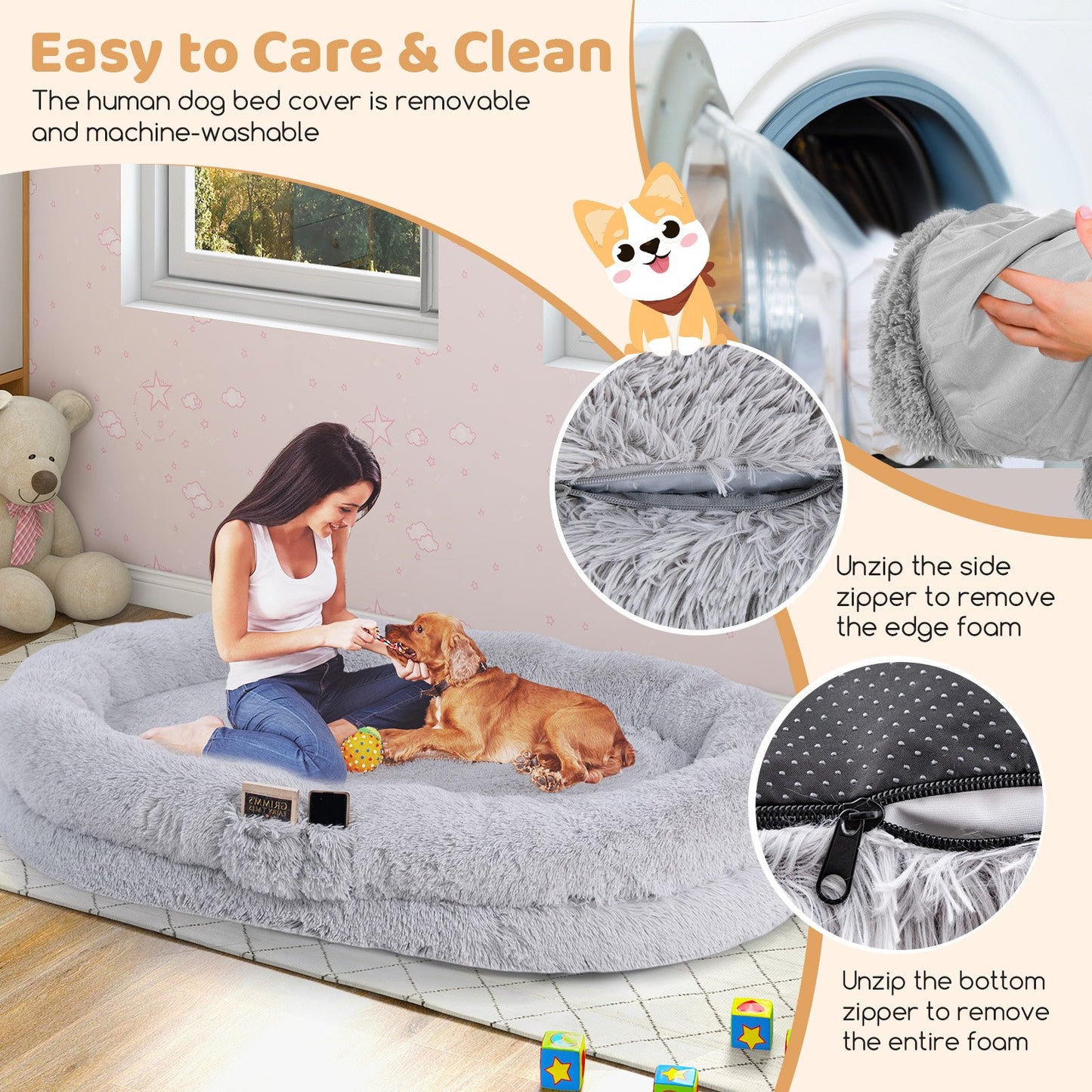 Washable Fluffy Human Dog Bed with Soft Blanket and Plump Pillow, Gray