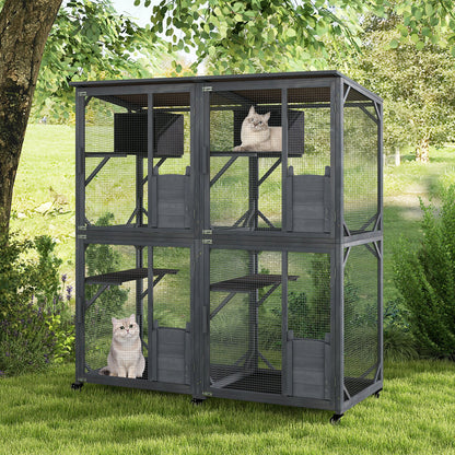 72 Inch Large Wooden Cat House Catio Kitten Enclosure on Wheels with Weatherproof Asphalt Roof, Gray