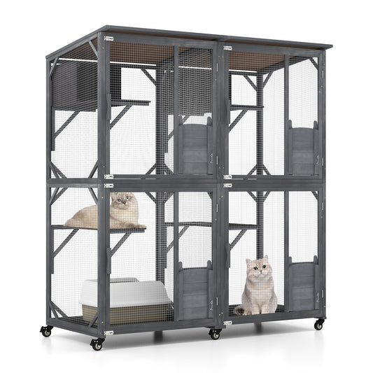 72 Inch Large Wooden Cat House Catio Kitten Enclosure on Wheels with Weatherproof Asphalt Roof, Gray - Gallery Canada