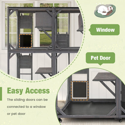 72 Inch Large Wooden Cat House Catio Kitten Enclosure on Wheels with Weatherproof Asphalt Roof, Gray