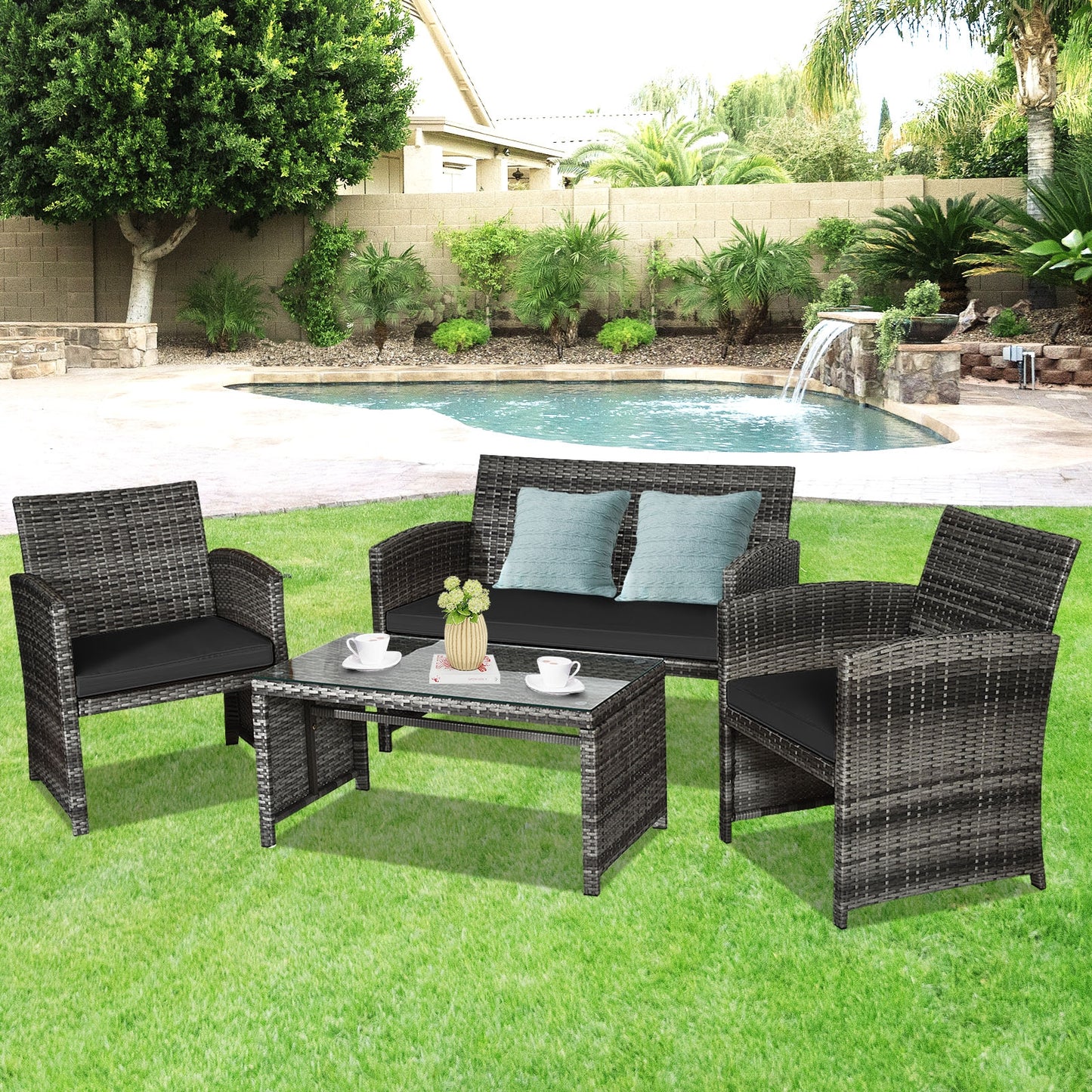 4 Pieces Patio Rattan Furniture Set with Glass Table and Loveseat, Black Patio Conversation Sets at Gallery Canada