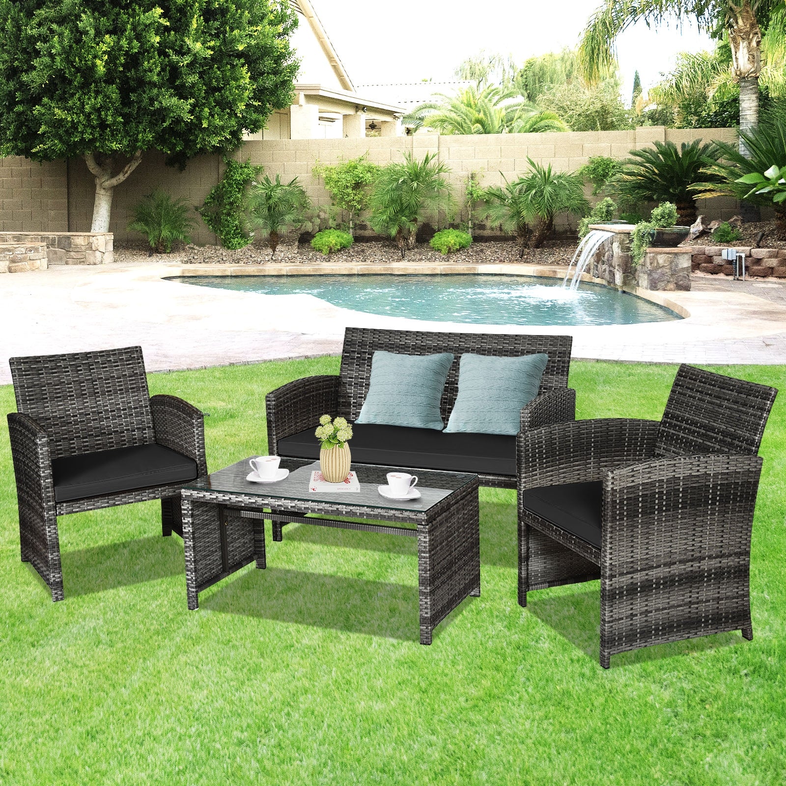 4 Pieces Patio Rattan Furniture Set with Glass Table and Loveseat, Black Patio Conversation Sets at Gallery Canada