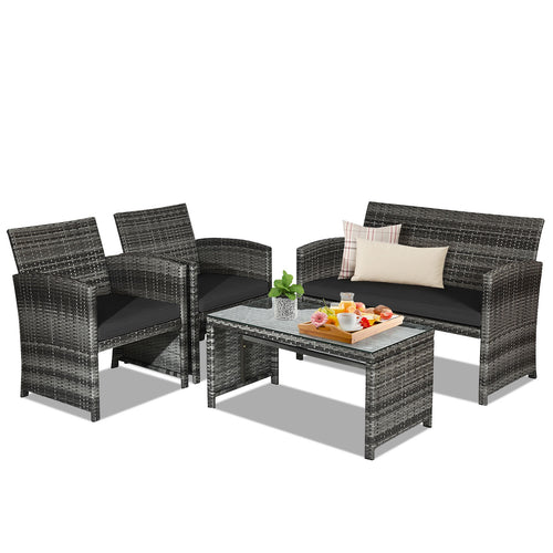 4 Piece Rattan Patio Set, Glass Table, Loveseat, Black