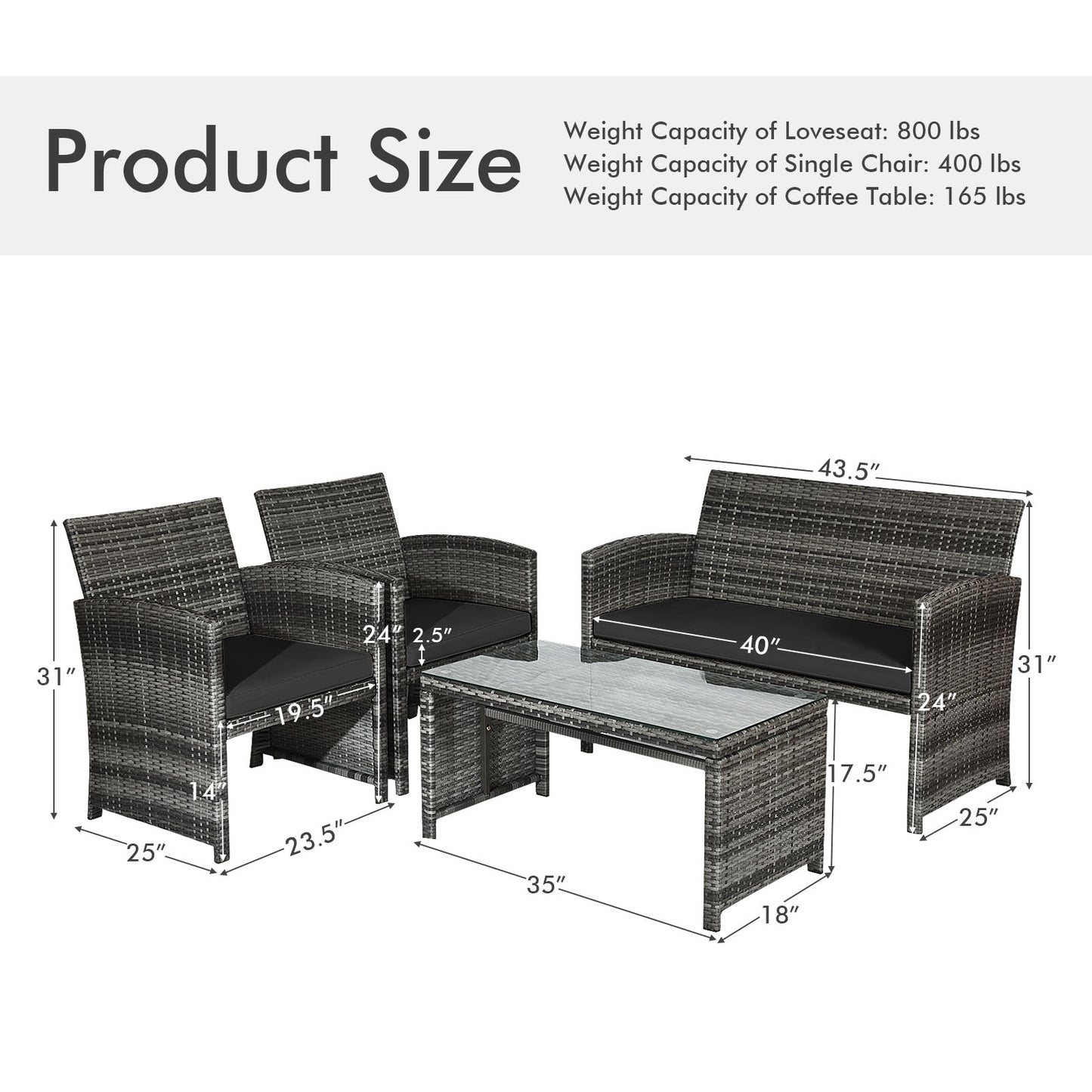 4 Pieces Patio Rattan Furniture Set with Glass Table and Loveseat, Black Patio Conversation Sets at Gallery Canada