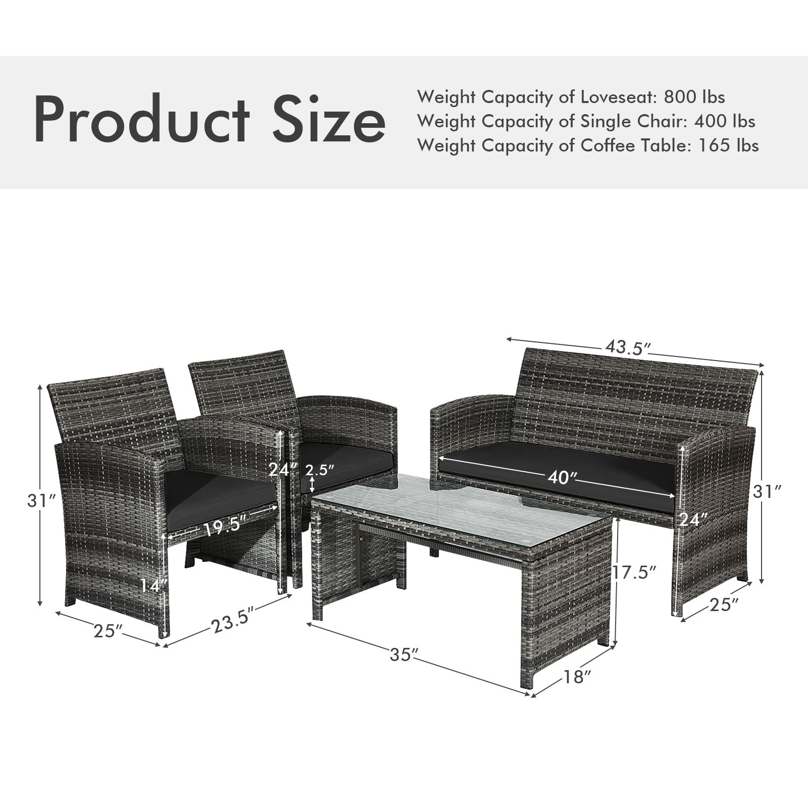 4 Pieces Patio Rattan Furniture Set with Glass Table and Loveseat, Black Patio Conversation Sets at Gallery Canada