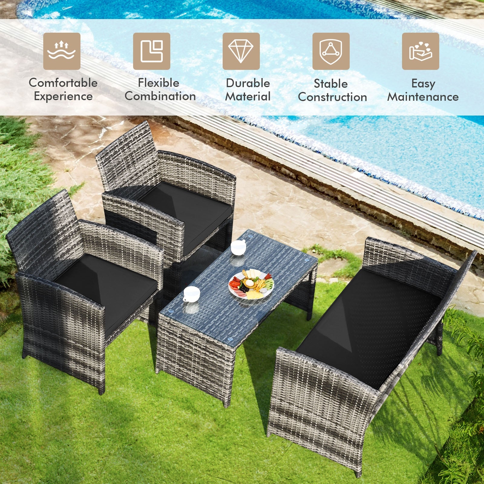 4 Pieces Patio Rattan Furniture Set with Glass Table and Loveseat, Black Patio Conversation Sets at Gallery Canada