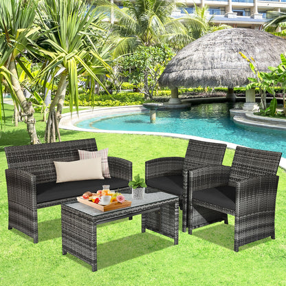 4 Pieces Patio Rattan Furniture Set with Glass Table and Loveseat, Black Patio Conversation Sets at Gallery Canada