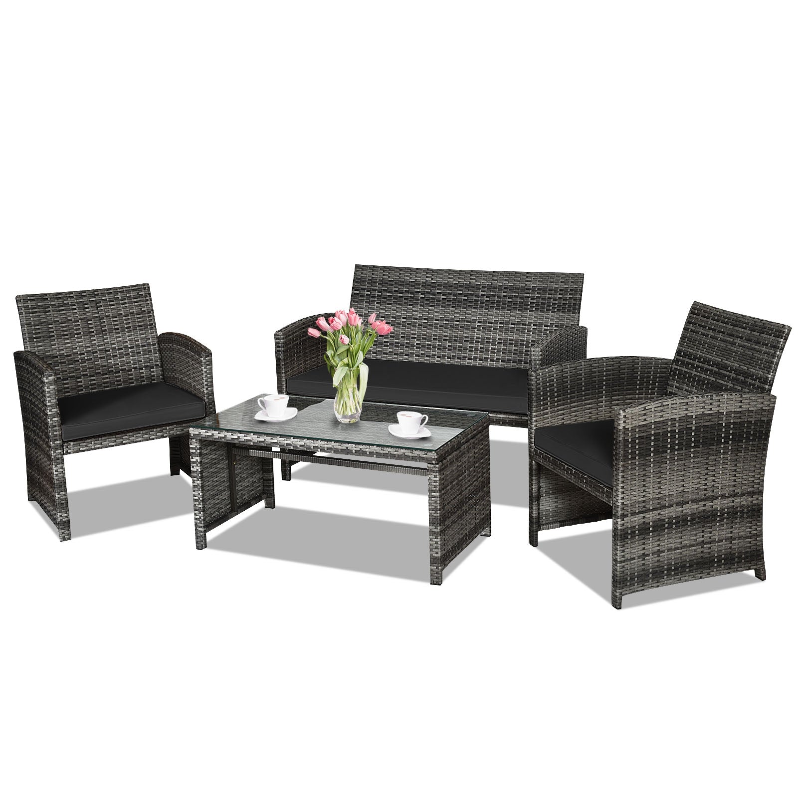 4 Pieces Patio Rattan Furniture Set with Glass Table and Loveseat, Black Patio Conversation Sets at Gallery Canada