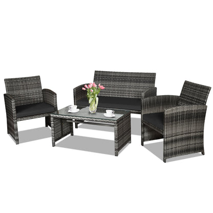4 Pieces Patio Rattan Furniture Set with Glass Table and Loveseat, Black Patio Conversation Sets at Gallery Canada