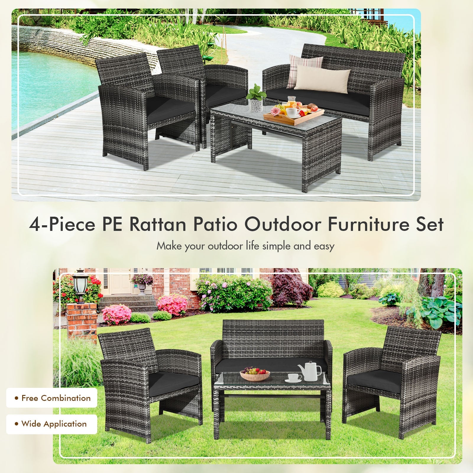 4 Pieces Patio Rattan Furniture Set with Glass Table and Loveseat, Black Patio Conversation Sets at Gallery Canada