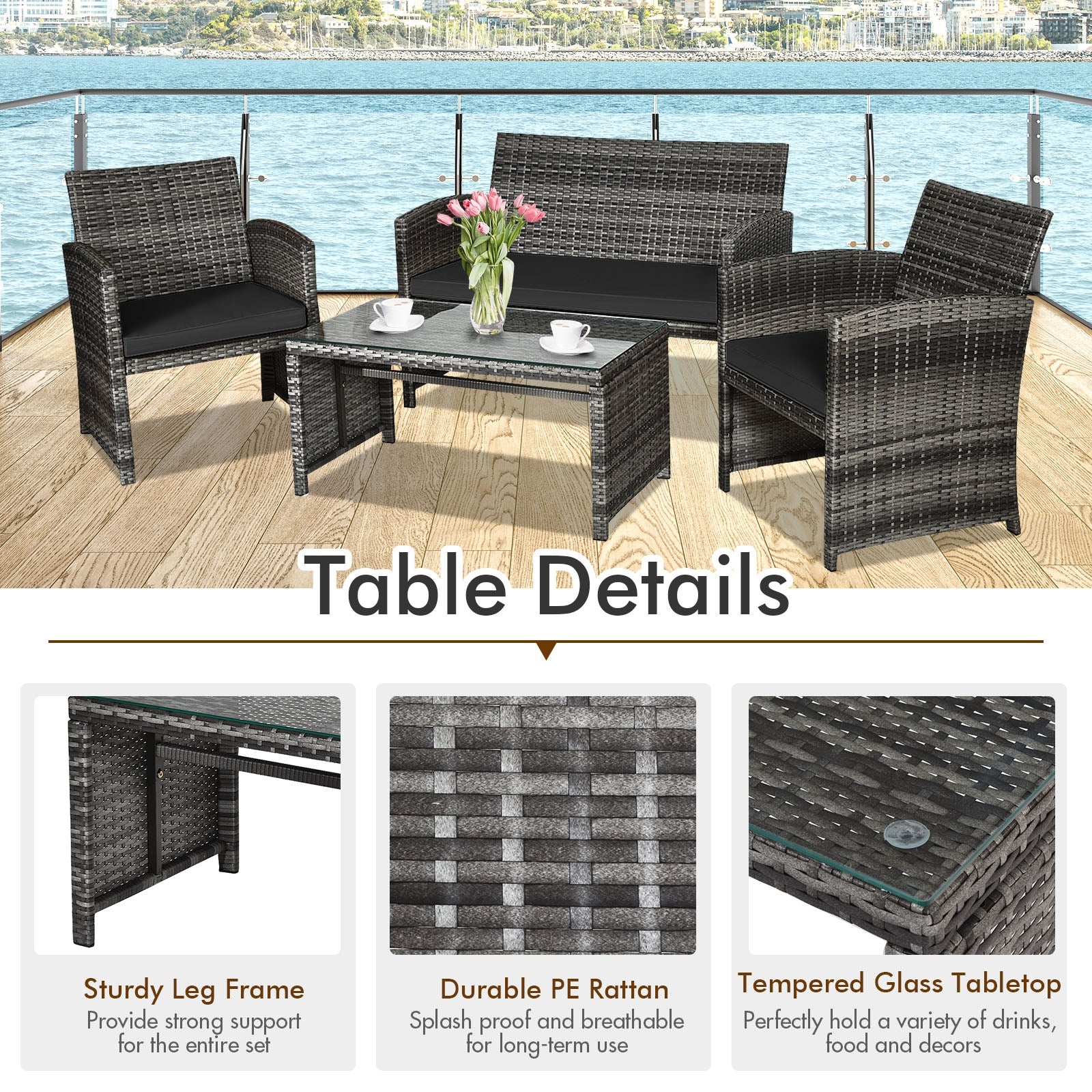 4 Pieces Patio Rattan Furniture Set with Glass Table and Loveseat, Black Patio Conversation Sets at Gallery Canada